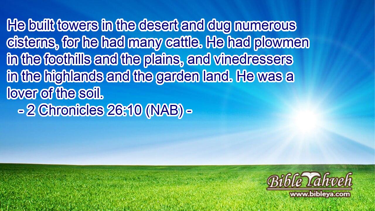  He built towers in the desert and dug numerous cisterns, for he had many cattle. He had plowmen in the foothills and the plains, and vinedressers in the highlands and the garden land. He was a lover of the soil.