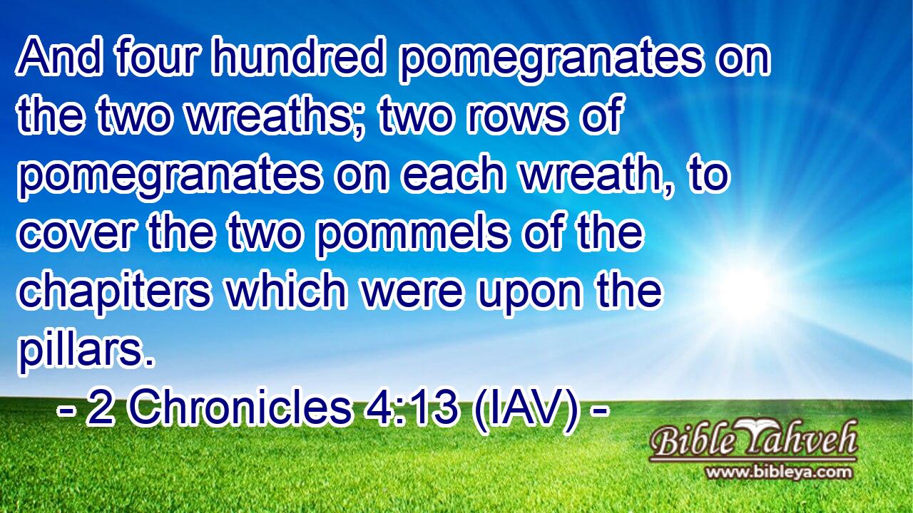  And four hundred pomegranates on the two wreaths; two rows of pomegranates on each wreath, to cover the two pommels of the chapiters which were upon the pillars.
