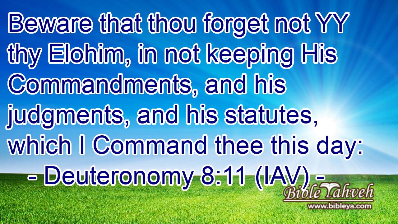  Beware that thou forget not YY thy Elohim, in not keeping His Commandments, and his judgments, and his statutes, which I Command thee this day: