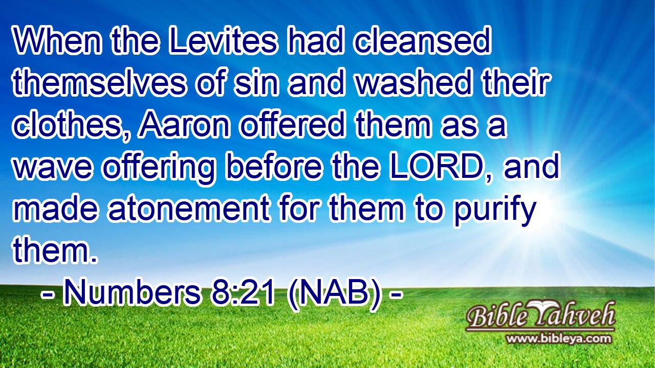 When the Levites had cleansed themselves of sin and washed their clothes, Aaron offered them as a wave offering before the LORD, and made atonement for them to purify them.