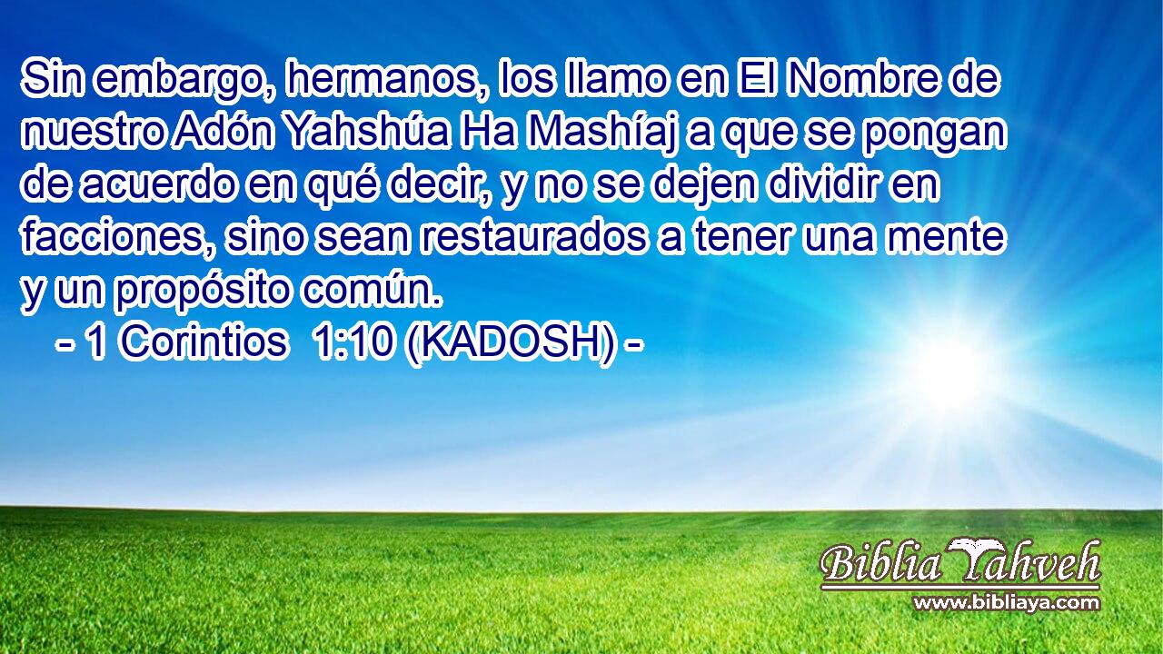  Sin embargo, hermanos, los llamo en El Nombre de nuestro Adón Yahshúa Ha Mashíaj a que se pongan de acuerdo en qué decir, y no se dejen dividir en facciones, sino sean restaurados a tener una mente y un propósito común. 