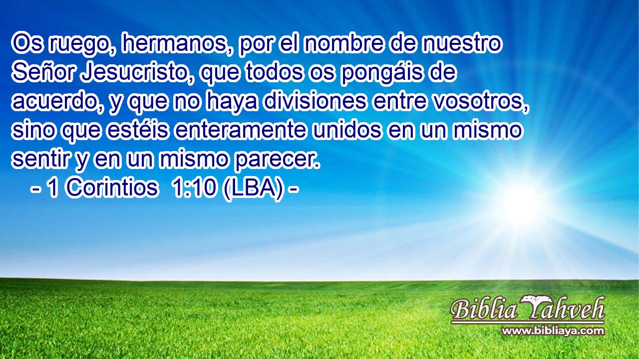 Os ruego, hermanos, por el nombre de nuestro Señor Jesucristo, que todos os pongáis de acuerdo, y que no haya divisiones entre vosotros, sino que estéis enteramente unidos en un mismo sentir y en un mismo parecer.