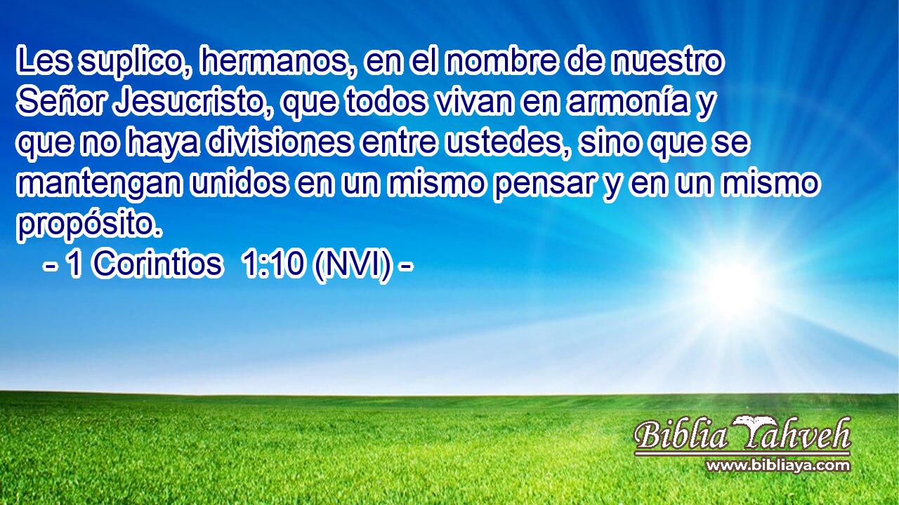  Les suplico, hermanos, en el nombre de nuestro Señor Jesucristo, que todos vivan en armonía y que no haya divisiones entre ustedes, sino que se mantengan unidos en un mismo pensar y en un mismo propósito. 