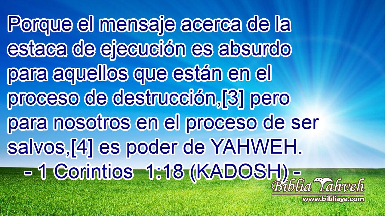  Porque el mensaje acerca de la estaca de ejecución es absurdo para aquellos que están en el proceso de destrucción,[3] pero para nosotros en el proceso de ser salvos,[4] es poder de YAHWEH. 