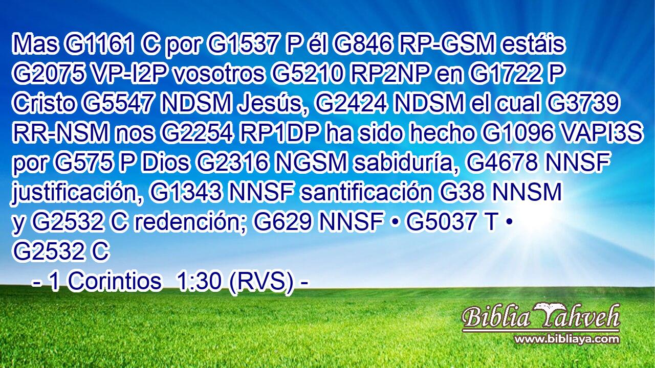 Mas G1161 C por G1537 P él G846 RP-GSM estáis G2075 VP-I2P vosotros G5210 RP2NP en G1722 P Cristo G5547 NDSM Jesús, G2424 NDSM el cual G3739 RR-NSM nos G2254 RP1DP ha sido hecho G1096 VAPI3S por G575 P Dios G2316 NGSM sabiduría, G4678 NNSF justificación, G1343 NNSF santificación G38 NNSM y G2532 C redención; G629 NNSF • G5037 T • G2532 C 