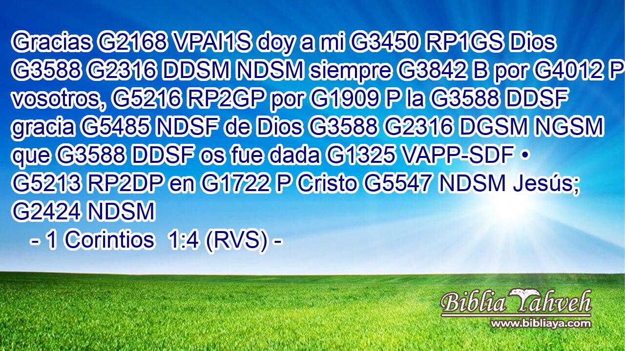 Gracias G2168 VPAI1S doy a mi G3450 RP1GS Dios G3588 G2316 DDSM NDSM siempre G3842 B por G4012 P vosotros, G5216 RP2GP por G1909 P la G3588 DDSF gracia G5485 NDSF de Dios G3588 G2316 DGSM NGSM que G3588 DDSF os fue dada G1325 VAPP-SDF • G5213 RP2DP en G1722 P Cristo G5547 NDSM Jesús; G2424 NDSM 