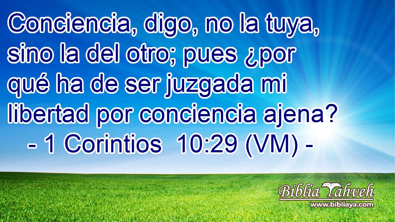  Conciencia, digo, no la tuya, sino la del otro; pues ¿por qué ha de ser juzgada mi libertad por conciencia ajena? 