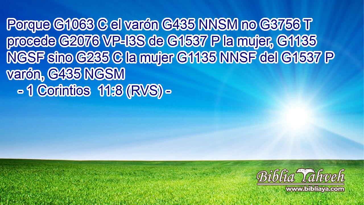 Porque G1063 C el varón G435 NNSM no G3756 T procede G2076 VP-I3S de G1537 P la mujer, G1135 NGSF sino G235 C la mujer G1135 NNSF del G1537 P varón, G435 NGSM 