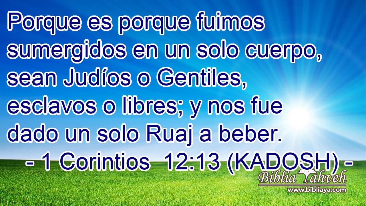  Porque es porque fuimos sumergidos en un solo cuerpo, sean Judíos o Gentiles, esclavos o libres; y nos fue dado un solo Ruaj a beber. 