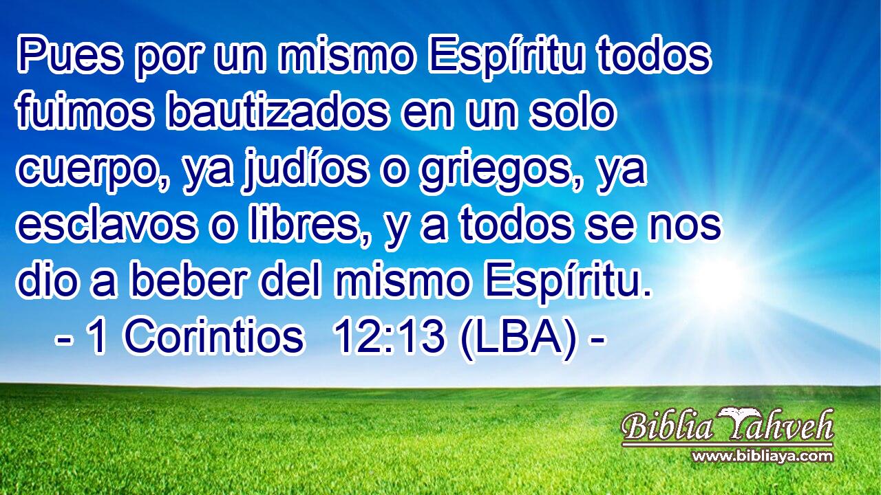 Pues por un mismo Espíritu todos fuimos bautizados en un solo cuerpo, ya judíos o griegos, ya esclavos o libres, y a todos se nos dio a beber del mismo Espíritu.