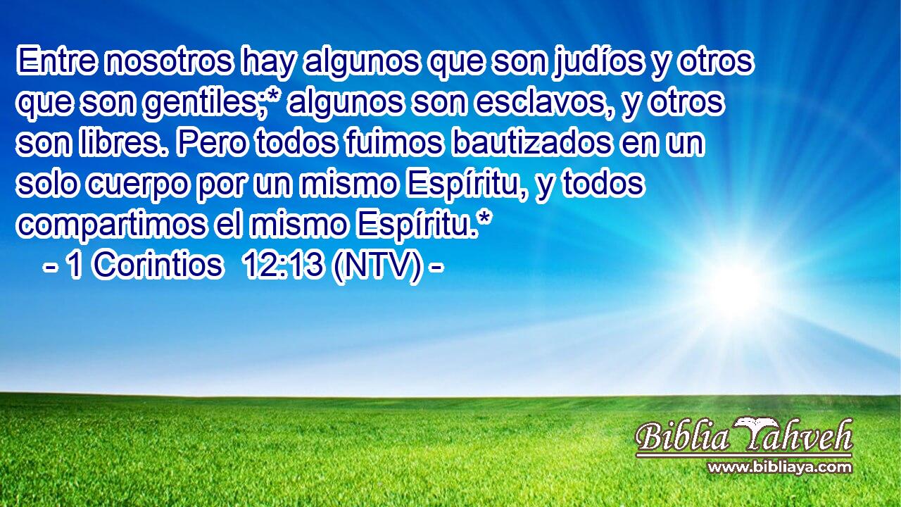 Entre nosotros hay algunos que son judíos y otros que son gentiles;* algunos son esclavos, y otros son libres. Pero todos fuimos bautizados en un solo cuerpo por un mismo Espíritu, y todos compartimos el mismo Espíritu.*