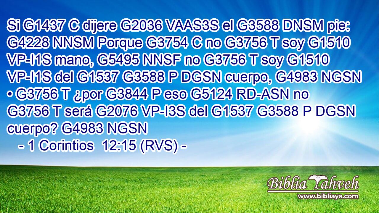 Si G1437 C dijere G2036 VAAS3S el G3588 DNSM pie: G4228 NNSM Porque G3754 C no G3756 T soy G1510 VP-I1S mano, G5495 NNSF no G3756 T soy G1510 VP-I1S del G1537 G3588 P DGSN cuerpo, G4983 NGSN • G3756 T ¿por G3844 P eso G5124 RD-ASN no G3756 T será G2076 VP-I3S del G1537 G3588 P DGSN cuerpo? G4983 NGSN 