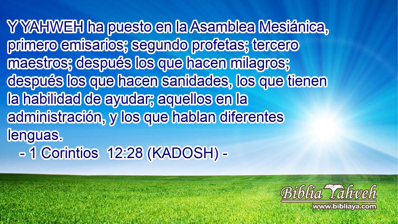  Y YAHWEH ha puesto en la Asamblea Mesiánica, primero emisarios; segundo profetas; tercero maestros; después los que hacen milagros; después los que hacen sanidades, los que tienen la habilidad de ayudar; aquellos en la administración, y los que hablan diferentes lenguas. 