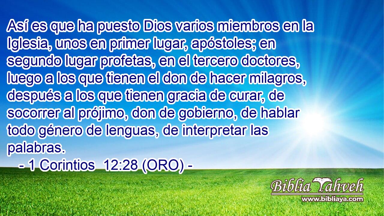  Así es que ha puesto Dios varios miembros en la Iglesia, unos en primer lugar, apóstoles; en segundo lugar profetas, en el tercero doctores, luego a los que tienen el don de hacer milagros, después a los que tienen gracia de curar, de socorrer al prójimo, don de gobierno, de hablar todo género de lenguas, de interpretar las palabras. 