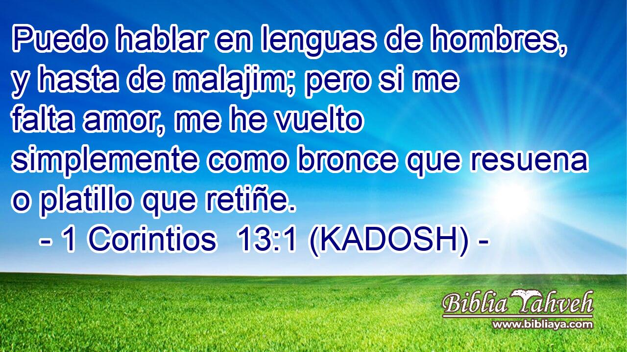  Puedo hablar en lenguas de hombres, y hasta de malajim; pero si me falta amor, me he vuelto simplemente como bronce que resuena o platillo que retiñe. 