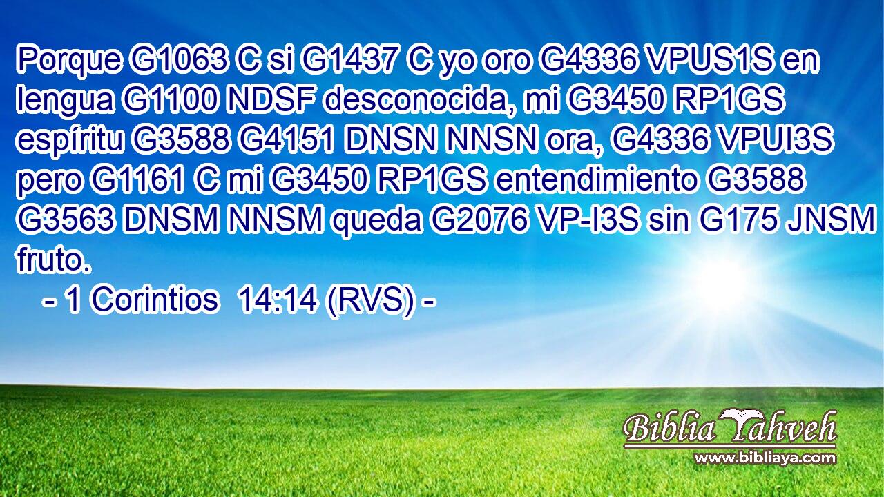 Porque G1063 C si G1437 C yo oro G4336 VPUS1S en lengua G1100 NDSF desconocida, mi G3450 RP1GS espíritu G3588 G4151 DNSN NNSN ora, G4336 VPUI3S pero G1161 C mi G3450 RP1GS entendimiento G3588 G3563 DNSM NNSM queda G2076 VP-I3S sin G175 JNSM fruto. 