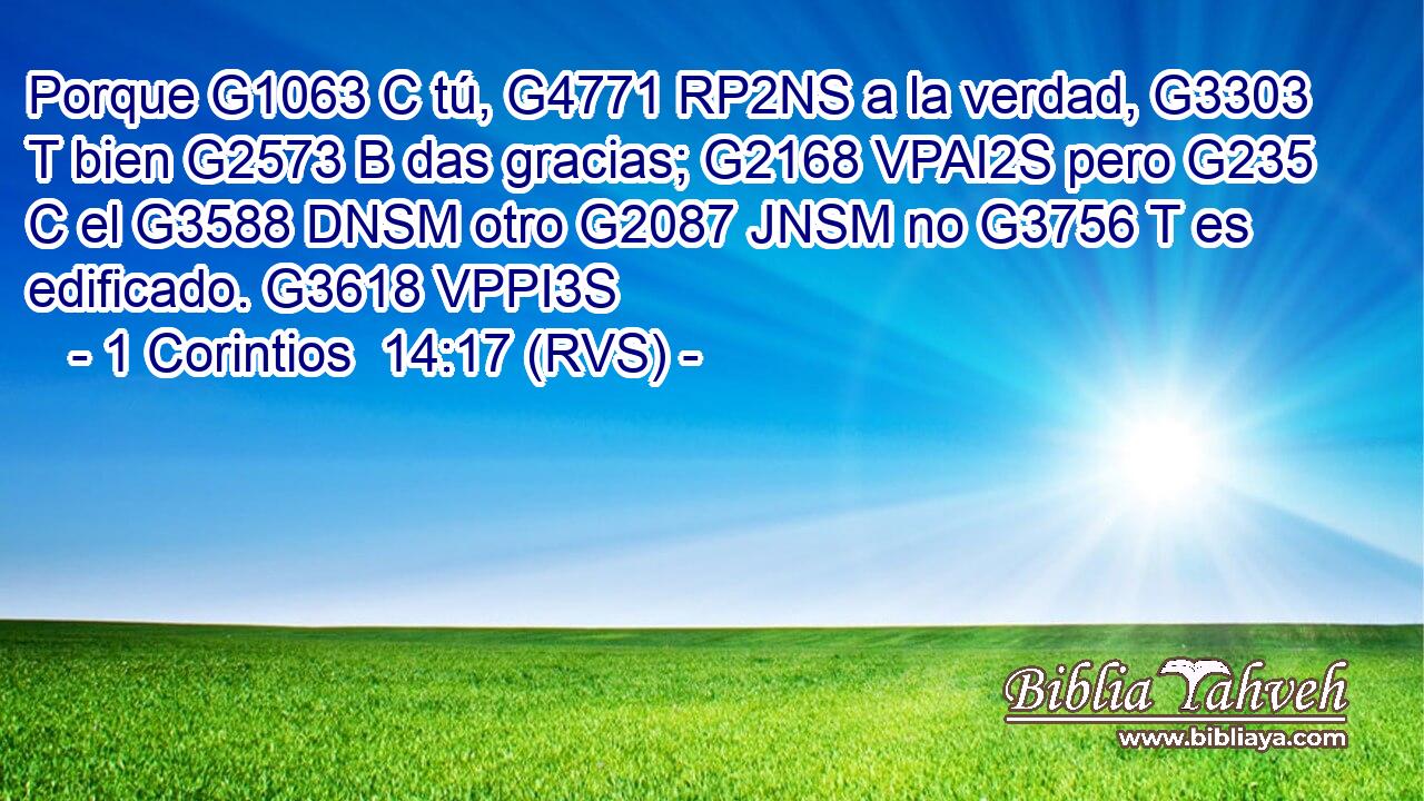 Porque G1063 C tú, G4771 RP2NS a la verdad, G3303 T bien G2573 B das gracias; G2168 VPAI2S pero G235 C el G3588 DNSM otro G2087 JNSM no G3756 T es edificado. G3618 VPPI3S 