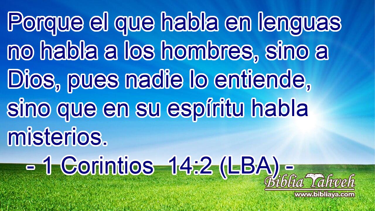 Porque el que habla en lenguas no habla a los hombres, sino a Dios, pues nadie lo entiende, sino que en su espíritu habla misterios.