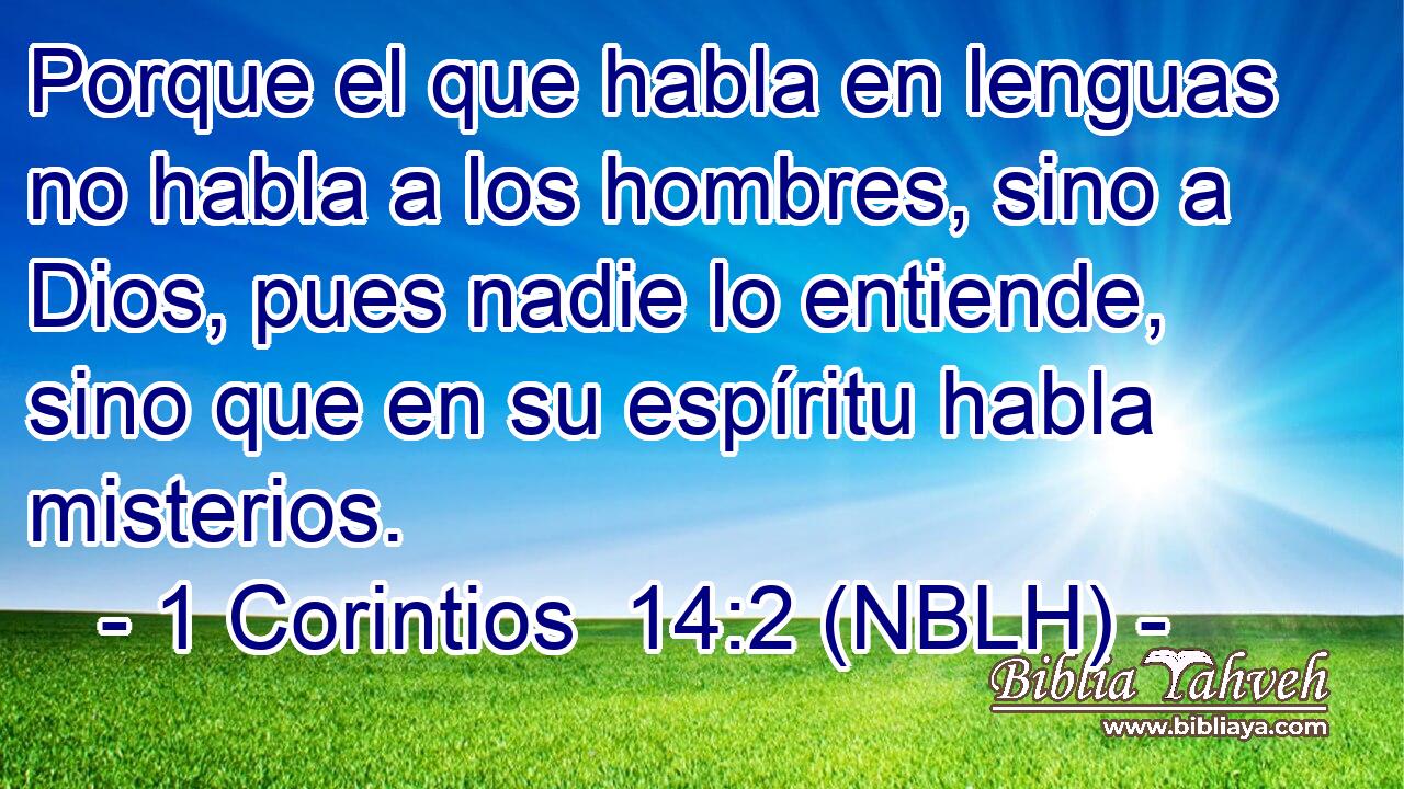  Porque el que habla en lenguas no habla a los hombres, sino a Dios, pues nadie lo entiende, sino que en su espíritu habla misterios. 