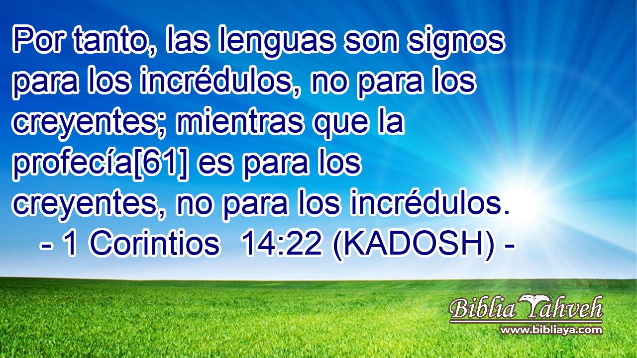  Por tanto, las lenguas son signos para los incrédulos, no para los creyentes; mientras que la profecía[61] es para los creyentes, no para los incrédulos. 