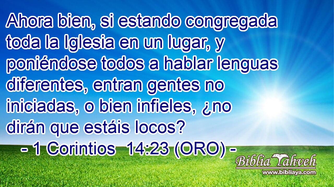  Ahora bien, si estando congregada toda la Iglesia en un lugar, y poniéndose todos a hablar lenguas diferentes, entran gentes no iniciadas, o bien infieles, ¿no dirán que estáis locos? 