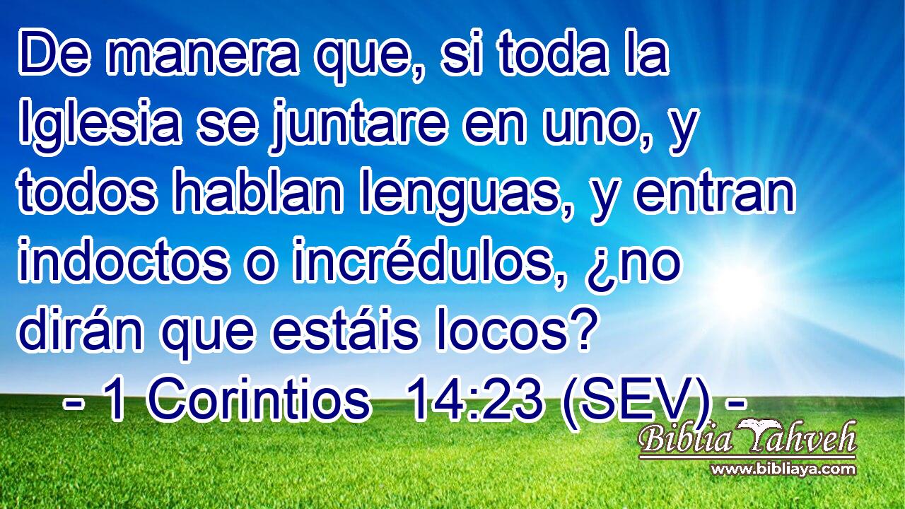 De manera que, si toda la Iglesia se juntare en uno, y todos hablan lenguas, y entran indoctos o incrédulos, ¿no dirán que estáis locos?
