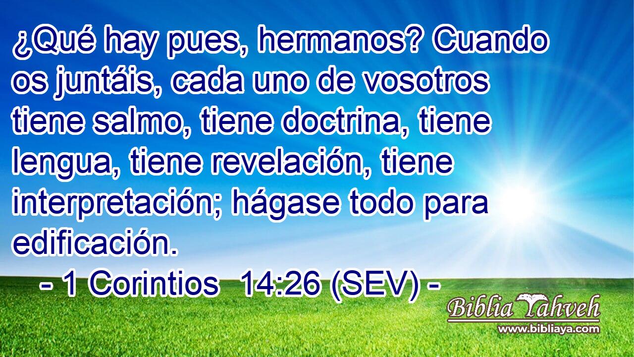 ¿Qué hay pues, hermanos? Cuando os juntáis, cada uno de vosotros tiene salmo, tiene doctrina, tiene lengua, tiene revelación, tiene interpretación; hágase todo para edificación.