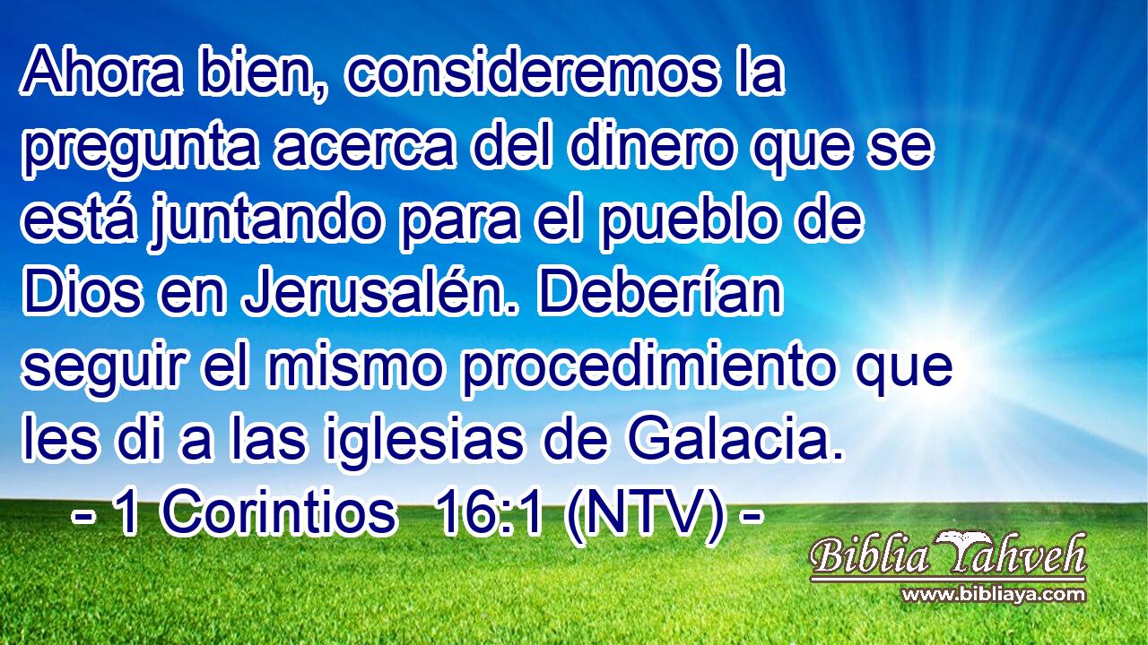 Ahora bien, consideremos la pregunta acerca del dinero que se está juntando para el pueblo de Dios en Jerusalén. Deberían seguir el mismo procedimiento que les di a las iglesias de Galacia.