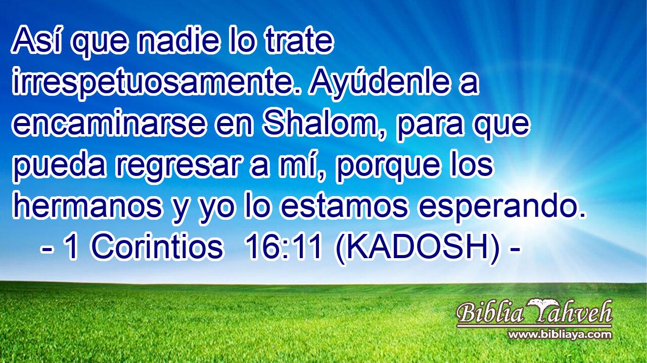  Así que nadie lo trate irrespetuosamente. Ayúdenle a encaminarse en Shalom, para que pueda regresar a mí, porque los hermanos y yo lo estamos esperando. 