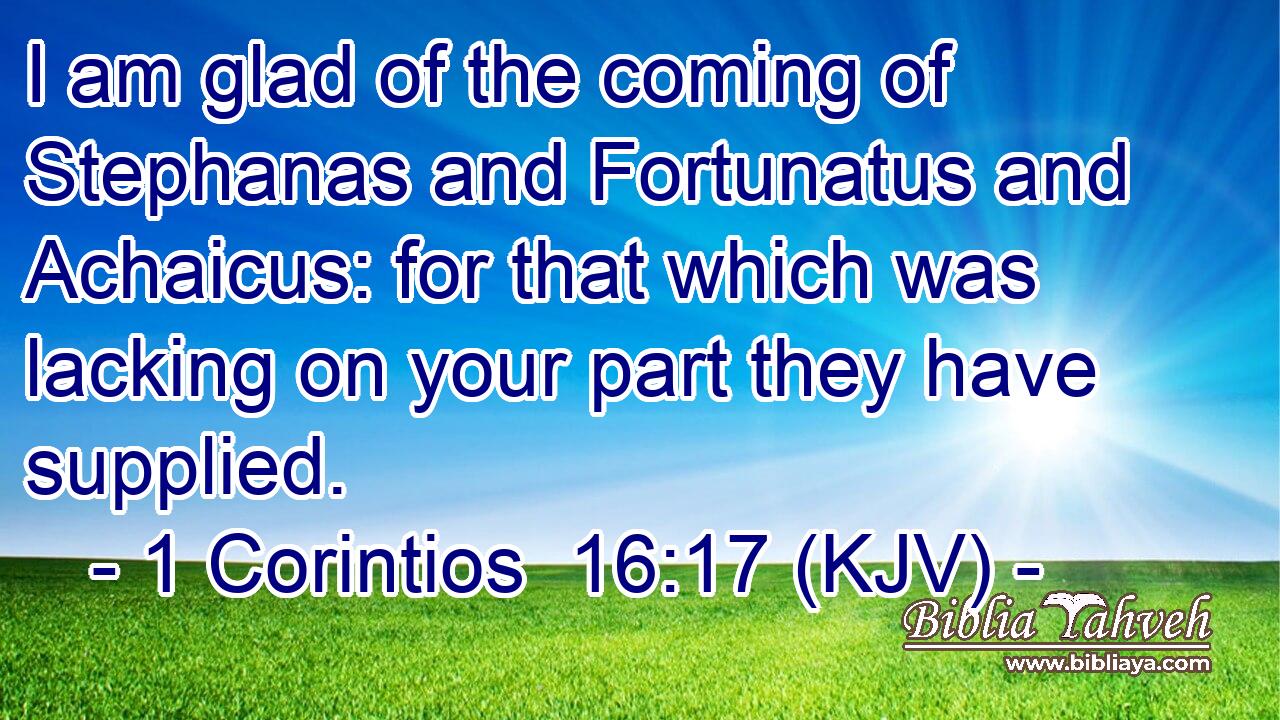 I am glad of the coming of Stephanas and Fortunatus and Achaicus: for that which was lacking on your part they have supplied.