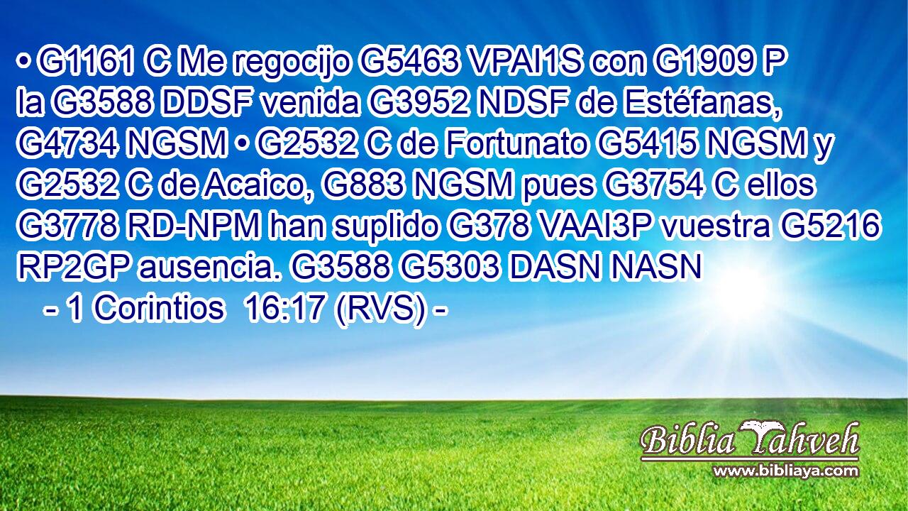 • G1161 C Me regocijo G5463 VPAI1S con G1909 P la G3588 DDSF venida G3952 NDSF de Estéfanas, G4734 NGSM • G2532 C de Fortunato G5415 NGSM y G2532 C de Acaico, G883 NGSM pues G3754 C ellos G3778 RD-NPM han suplido G378 VAAI3P vuestra G5216 RP2GP ausencia. G3588 G5303 DASN NASN 