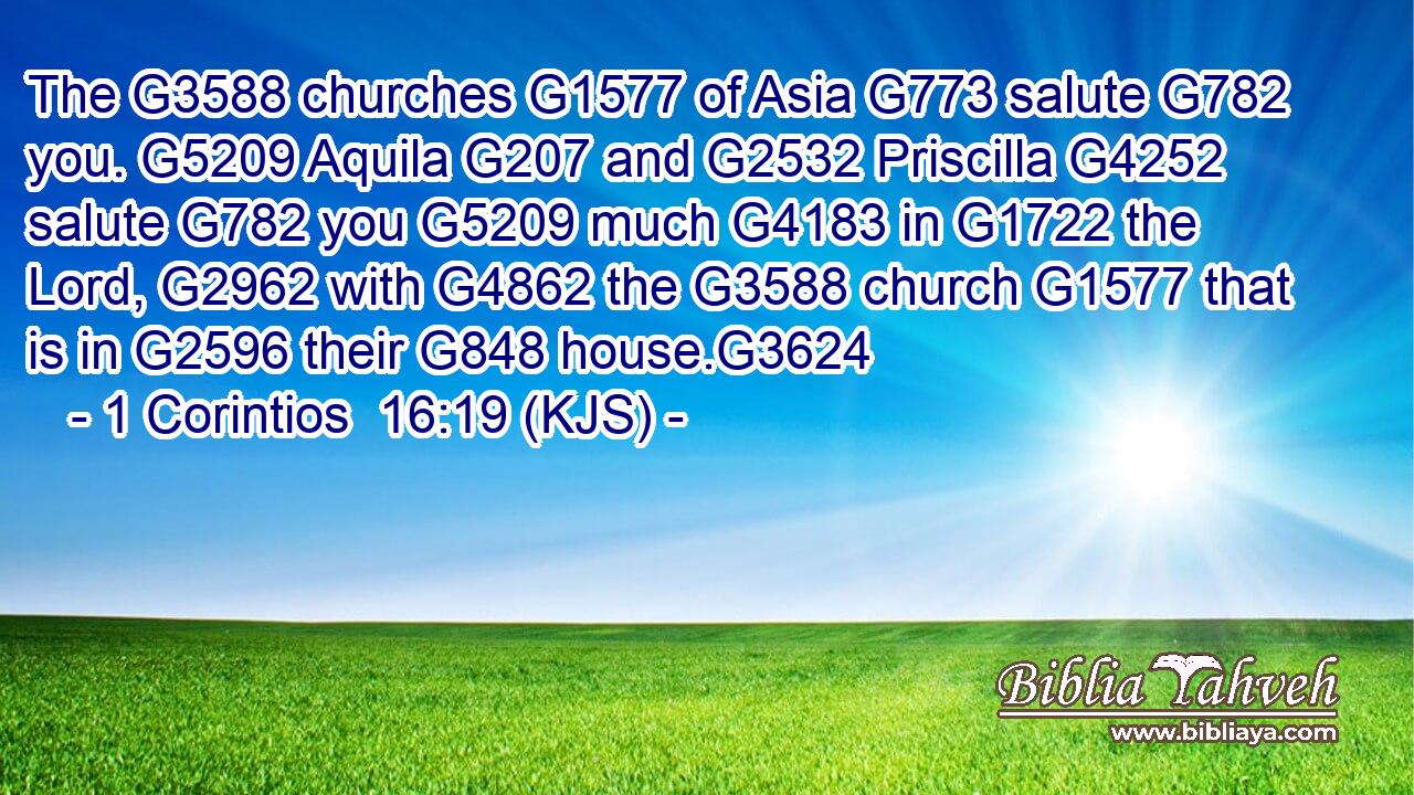 The G3588 churches G1577 of Asia G773 salute G782 you. G5209 Aquila G207 and G2532 Priscilla G4252 salute G782 you G5209 much G4183 in G1722 the Lord, G2962 with G4862 the G3588 church G1577 that is in G2596 their G848 house.G3624