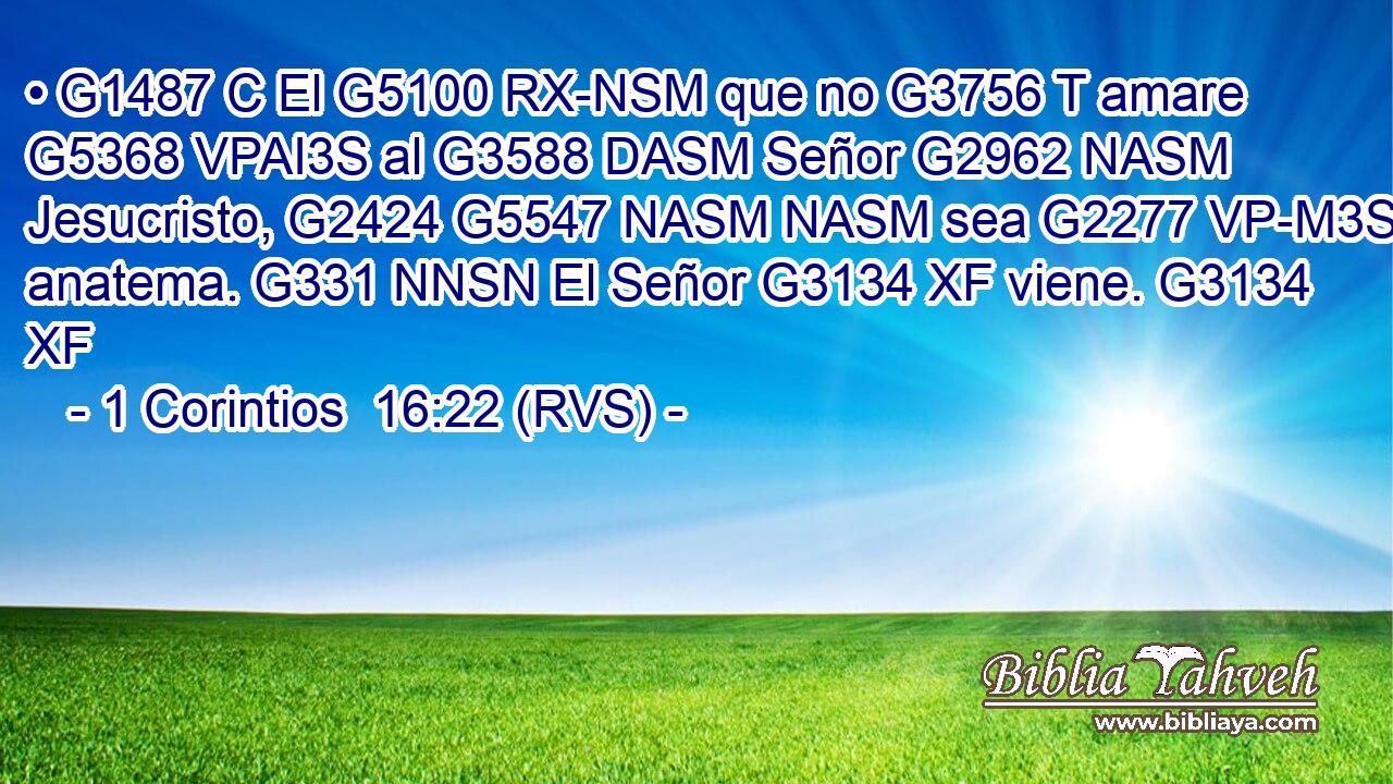 • G1487 C El G5100 RX-NSM que no G3756 T amare G5368 VPAI3S al G3588 DASM Señor G2962 NASM Jesucristo, G2424 G5547 NASM NASM sea G2277 VP-M3S anatema. G331 NNSN El Señor G3134 XF viene. G3134 XF 