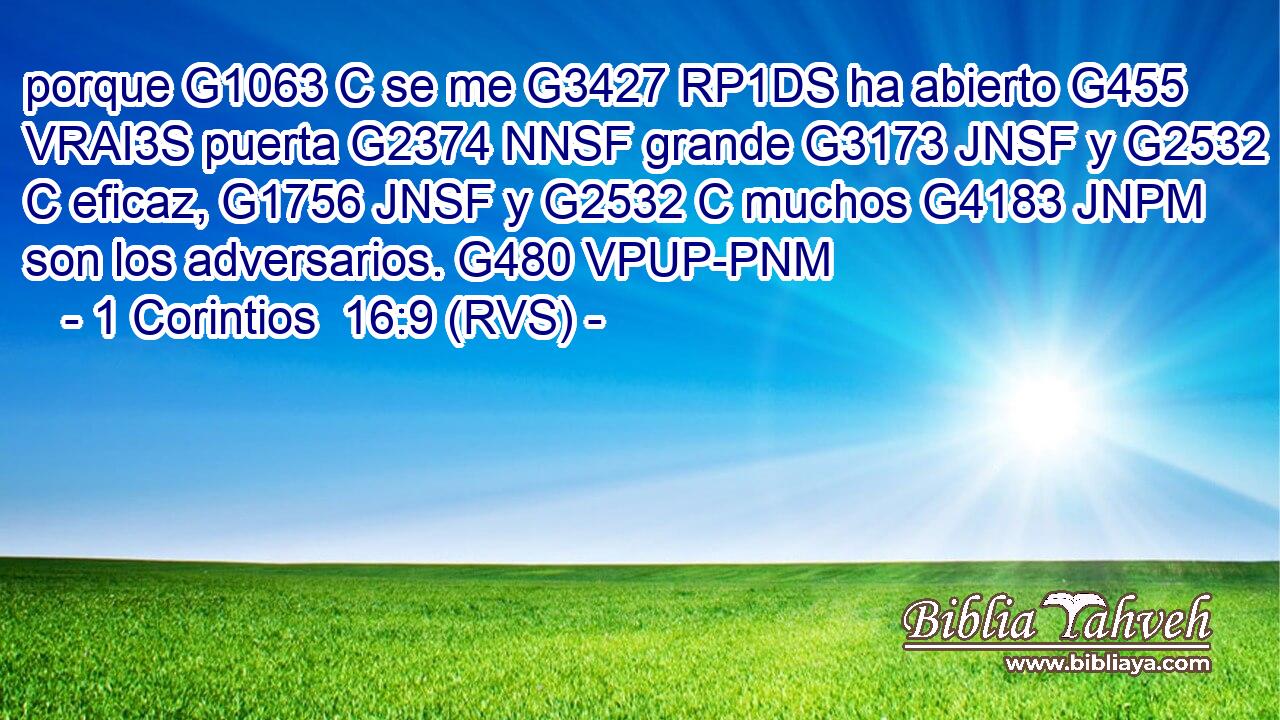 porque G1063 C se me G3427 RP1DS ha abierto G455 VRAI3S puerta G2374 NNSF grande G3173 JNSF y G2532 C eficaz, G1756 JNSF y G2532 C muchos G4183 JNPM son los adversarios. G480 VPUP-PNM 