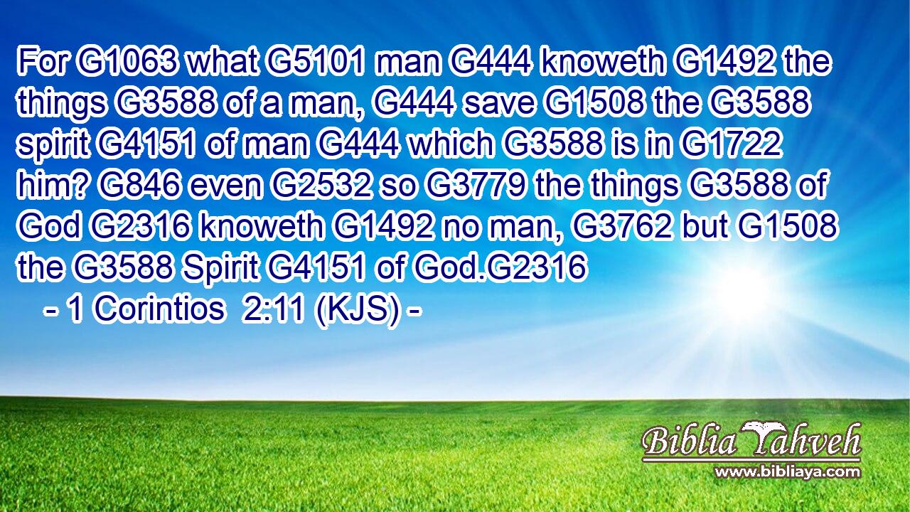 For G1063 what G5101 man G444 knoweth G1492 the things G3588 of a man, G444 save G1508 the G3588 spirit G4151 of man G444 which G3588 is in G1722 him? G846 even G2532 so G3779 the things G3588 of God G2316 knoweth G1492 no man, G3762 but G1508 the G3588 Spirit G4151 of God.G2316