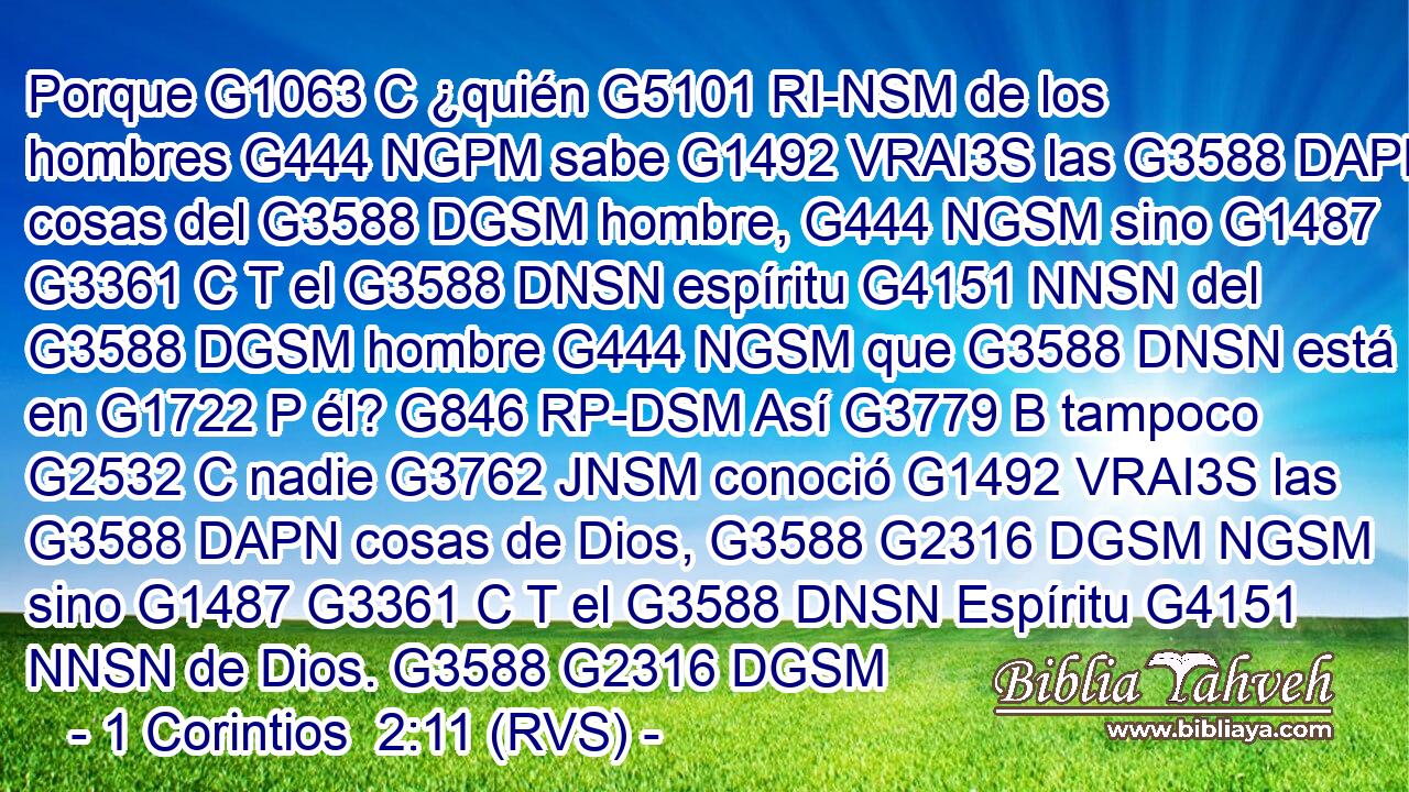 Porque G1063 C ¿quién G5101 RI-NSM de los hombres G444 NGPM sabe G1492 VRAI3S las G3588 DAPN cosas del G3588 DGSM hombre, G444 NGSM sino G1487 G3361 C T el G3588 DNSN espíritu G4151 NNSN del G3588 DGSM hombre G444 NGSM que G3588 DNSN está en G1722 P él? G846 RP-DSM Así G3779 B tampoco G2532 C nadie G3762 JNSM conoció G1492 VRAI3S las G3588 DAPN cosas de Dios, G3588 G2316 DGSM NGSM sino G1487 G3361 C T el G3588 DNSN Espíritu G4151 NNSN de Dios. G3588 G2316 DGSM 