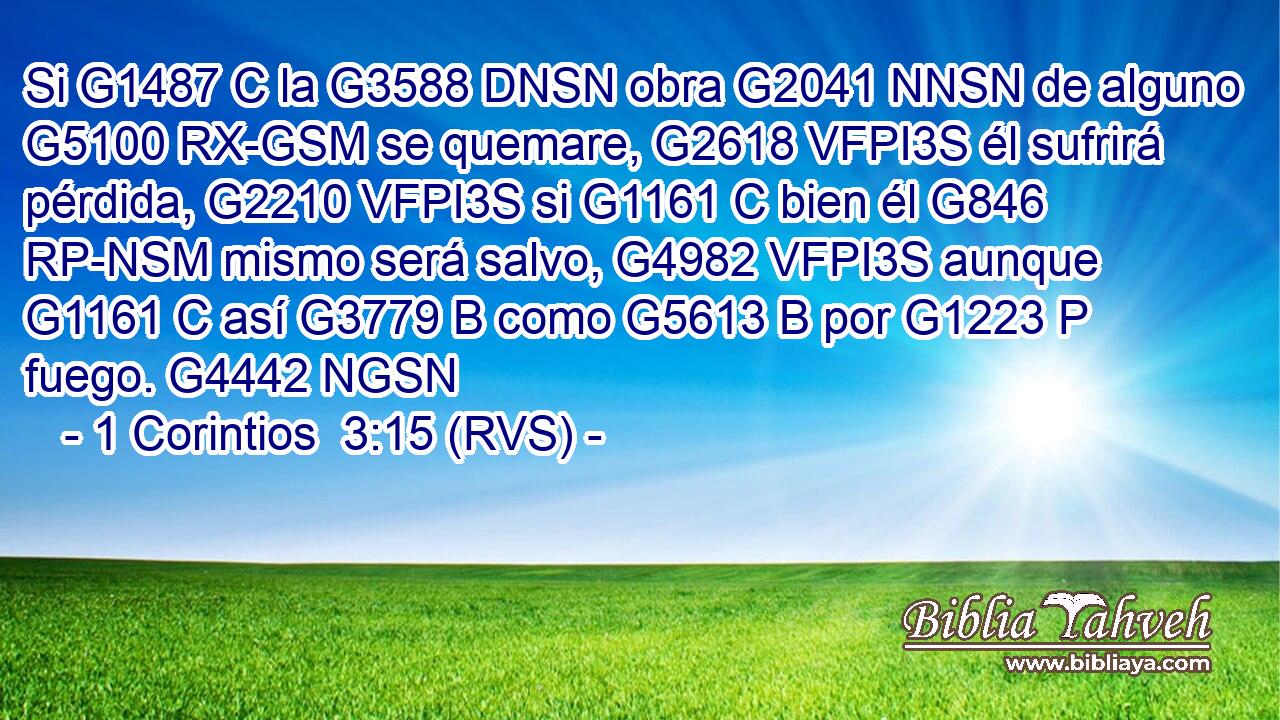 Si G1487 C la G3588 DNSN obra G2041 NNSN de alguno G5100 RX-GSM se quemare, G2618 VFPI3S él sufrirá pérdida, G2210 VFPI3S si G1161 C bien él G846 RP-NSM mismo será salvo, G4982 VFPI3S aunque G1161 C así G3779 B como G5613 B por G1223 P fuego. G4442 NGSN 