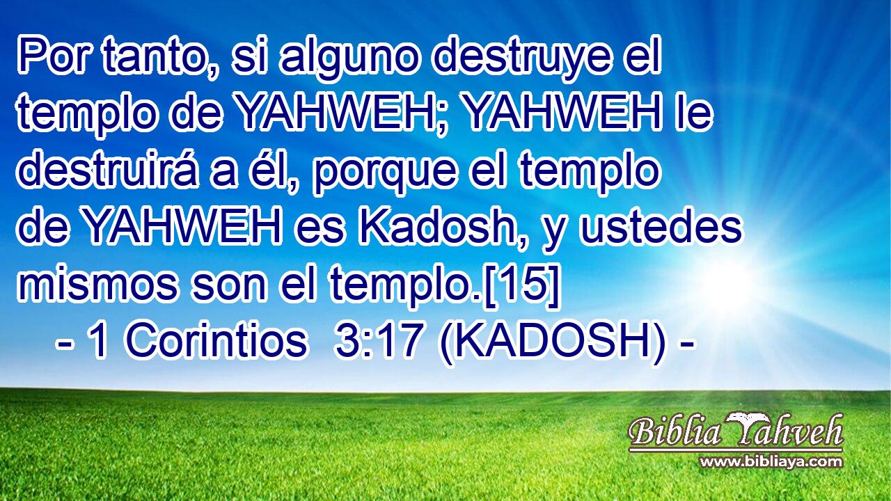  Por tanto, si alguno destruye el templo de YAHWEH; YAHWEH le destruirá a él, porque el templo de YAHWEH es Kadosh, y ustedes mismos son el templo.[15] 