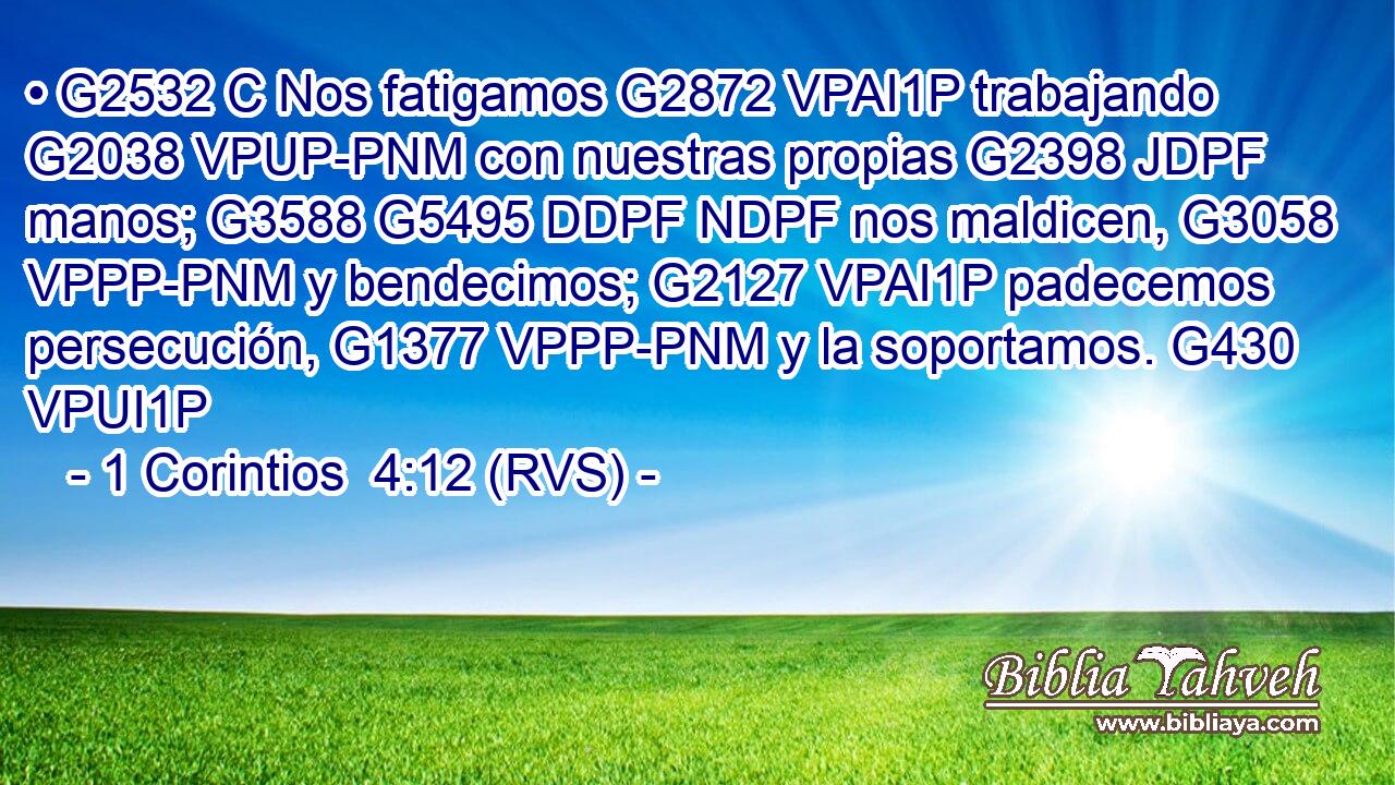 • G2532 C Nos fatigamos G2872 VPAI1P trabajando G2038 VPUP-PNM con nuestras propias G2398 JDPF manos; G3588 G5495 DDPF NDPF nos maldicen, G3058 VPPP-PNM y bendecimos; G2127 VPAI1P padecemos persecución, G1377 VPPP-PNM y la soportamos. G430 VPUI1P 