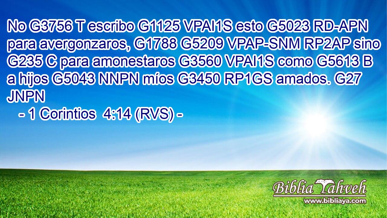 No G3756 T escribo G1125 VPAI1S esto G5023 RD-APN para avergonzaros, G1788 G5209 VPAP-SNM RP2AP sino G235 C para amonestaros G3560 VPAI1S como G5613 B a hijos G5043 NNPN míos G3450 RP1GS amados. G27 JNPN 