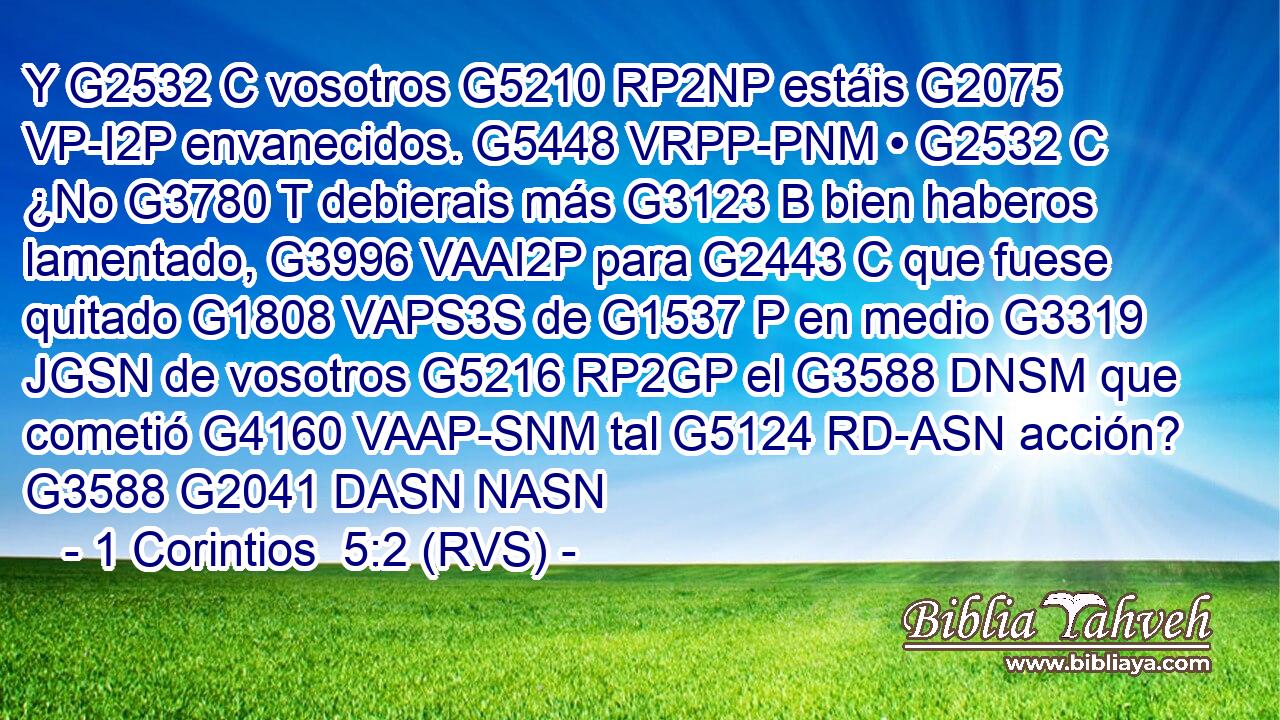 Y G2532 C vosotros G5210 RP2NP estáis G2075 VP-I2P envanecidos. G5448 VRPP-PNM • G2532 C ¿No G3780 T debierais más G3123 B bien haberos lamentado, G3996 VAAI2P para G2443 C que fuese quitado G1808 VAPS3S de G1537 P en medio G3319 JGSN de vosotros G5216 RP2GP el G3588 DNSM que cometió G4160 VAAP-SNM tal G5124 RD-ASN acción? G3588 G2041 DASN NASN 