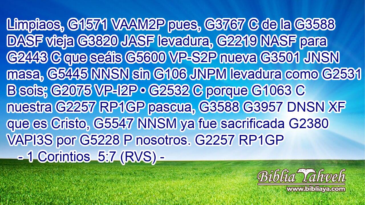Limpiaos, G1571 VAAM2P pues, G3767 C de la G3588 DASF vieja G3820 JASF levadura, G2219 NASF para G2443 C que seáis G5600 VP-S2P nueva G3501 JNSN masa, G5445 NNSN sin G106 JNPM levadura como G2531 B sois; G2075 VP-I2P • G2532 C porque G1063 C nuestra G2257 RP1GP pascua, G3588 G3957 DNSN XF que es Cristo, G5547 NNSM ya fue sacrificada G2380 VAPI3S por G5228 P nosotros. G2257 RP1GP 