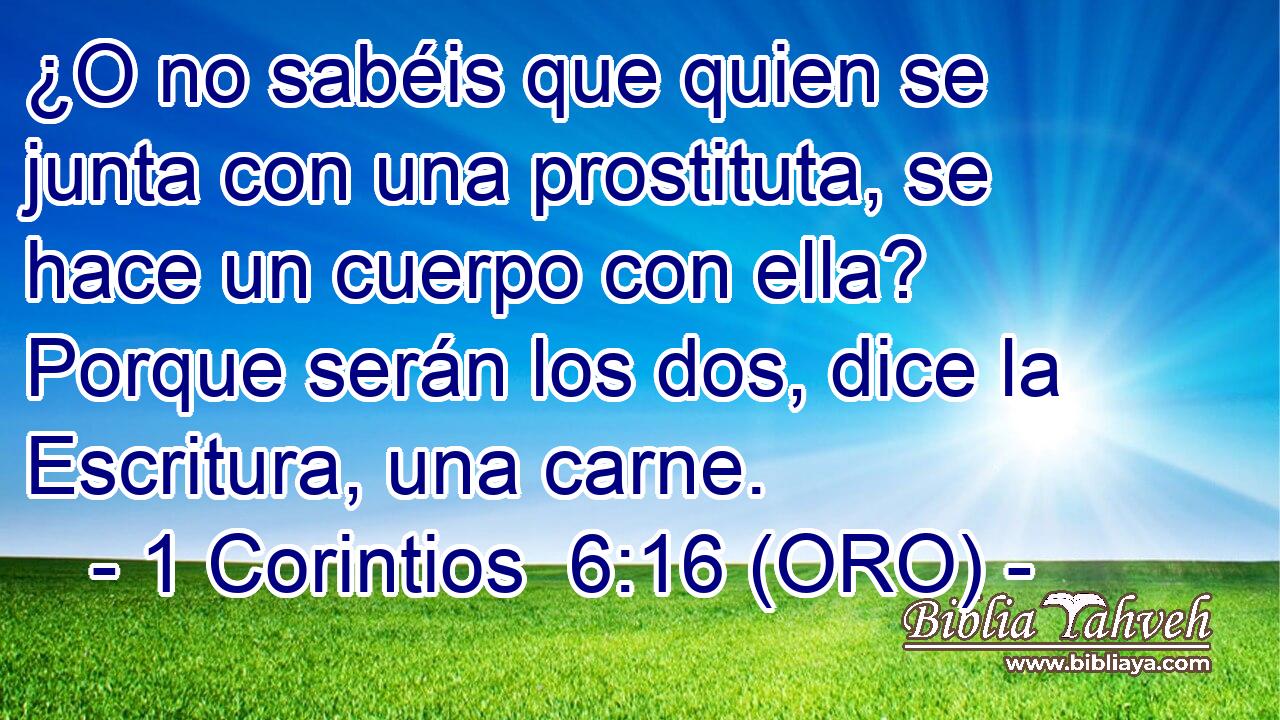  ¿O no sabéis que quien se junta con una prostituta, se hace un cuerpo con ella? Porque serán los dos, dice la Escritura, una carne. 