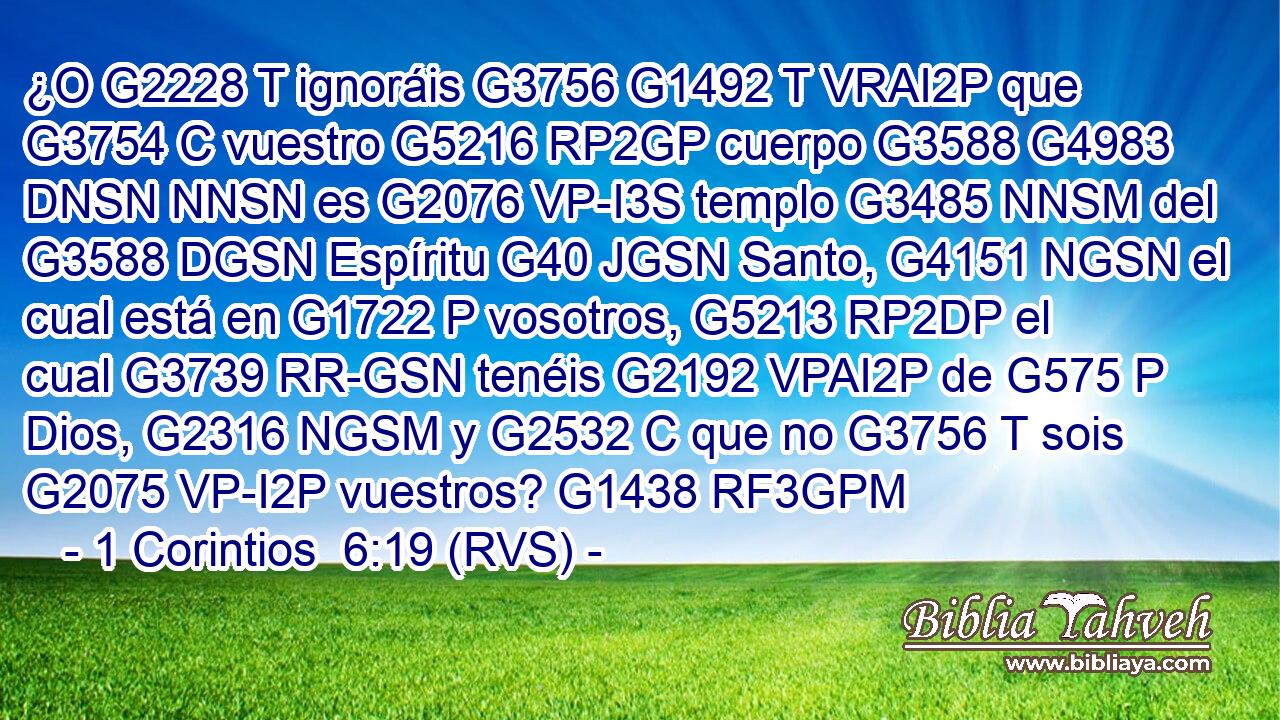 ¿O G2228 T ignoráis G3756 G1492 T VRAI2P que G3754 C vuestro G5216 RP2GP cuerpo G3588 G4983 DNSN NNSN es G2076 VP-I3S templo G3485 NNSM del G3588 DGSN Espíritu G40 JGSN Santo, G4151 NGSN el cual está en G1722 P vosotros, G5213 RP2DP el cual G3739 RR-GSN tenéis G2192 VPAI2P de G575 P Dios, G2316 NGSM y G2532 C que no G3756 T sois G2075 VP-I2P vuestros? G1438 RF3GPM 