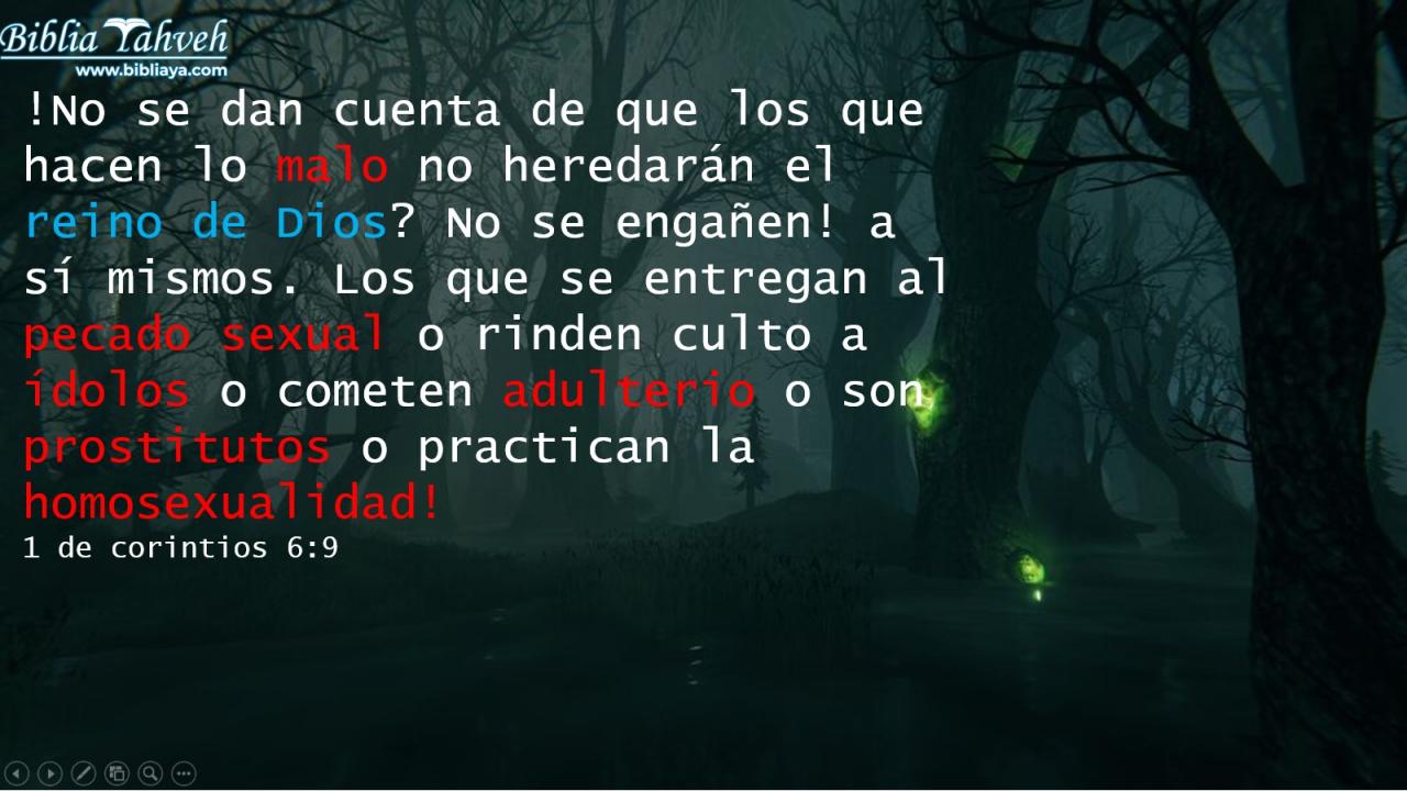¿No se dan cuenta de que los que hacen lo malo no heredarán el reino de Dios? No se engañen a sí mismos. Los que se entregan al pecado sexual o rinden culto a ídolos o cometen adulterio o son prostitutos o practican la homosexualidad