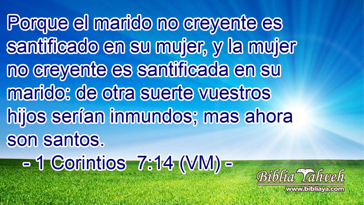  Porque el marido no creyente es santificado en su mujer, y la mujer no creyente es santificada en su marido: de otra suerte vuestros hijos serían inmundos; mas ahora son santos. 