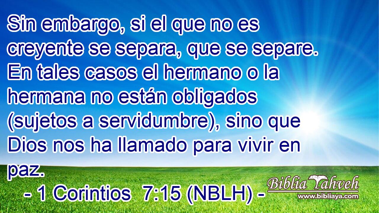 Sin embargo, si el que no es creyente se separa, que se separe. En tales casos el hermano o la hermana no están obligados (sujetos a servidumbre), sino que Dios nos ha llamado para vivir en paz. 