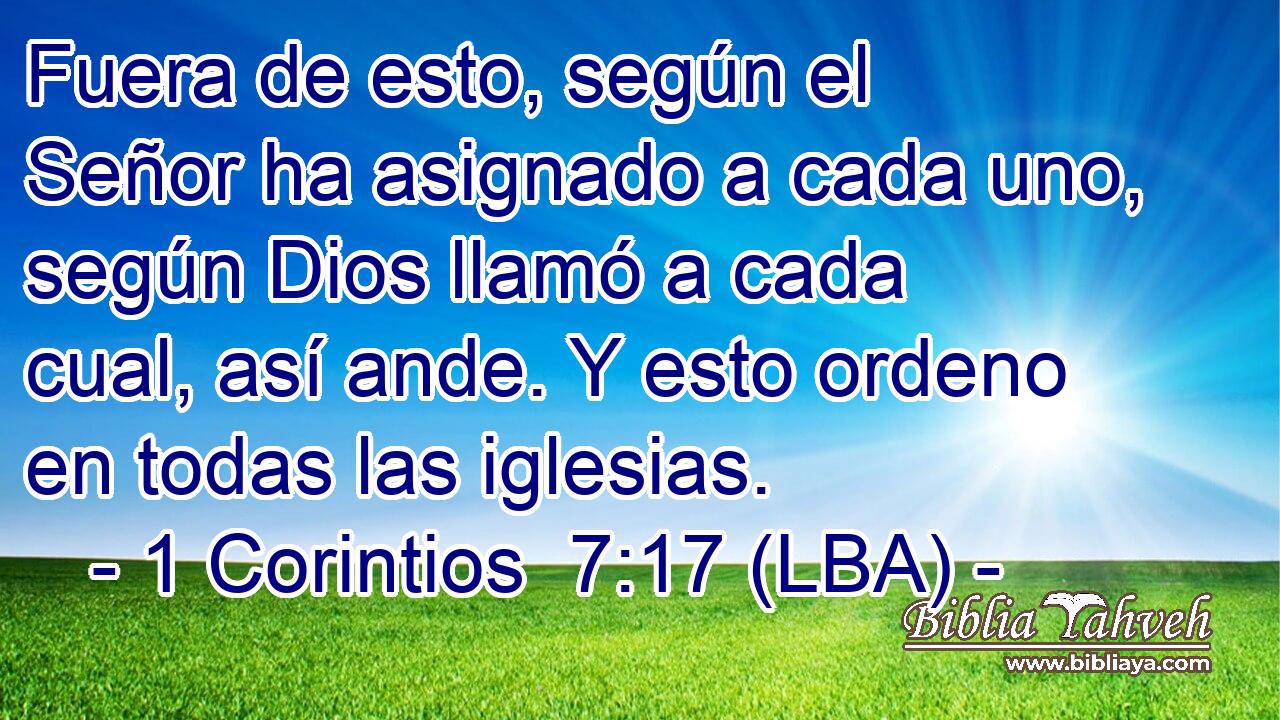 Fuera de esto, según el Señor ha asignado a cada uno, según Dios llamó a cada cual, así ande. Y esto ordeno en todas las iglesias.