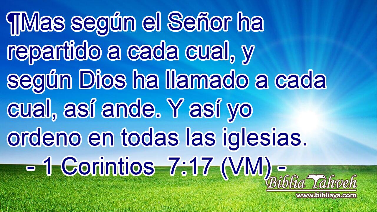  ¶Mas según el Señor ha repartido a cada cual, y según Dios ha llamado a cada cual, así ande. Y así yo ordeno en todas las iglesias. 