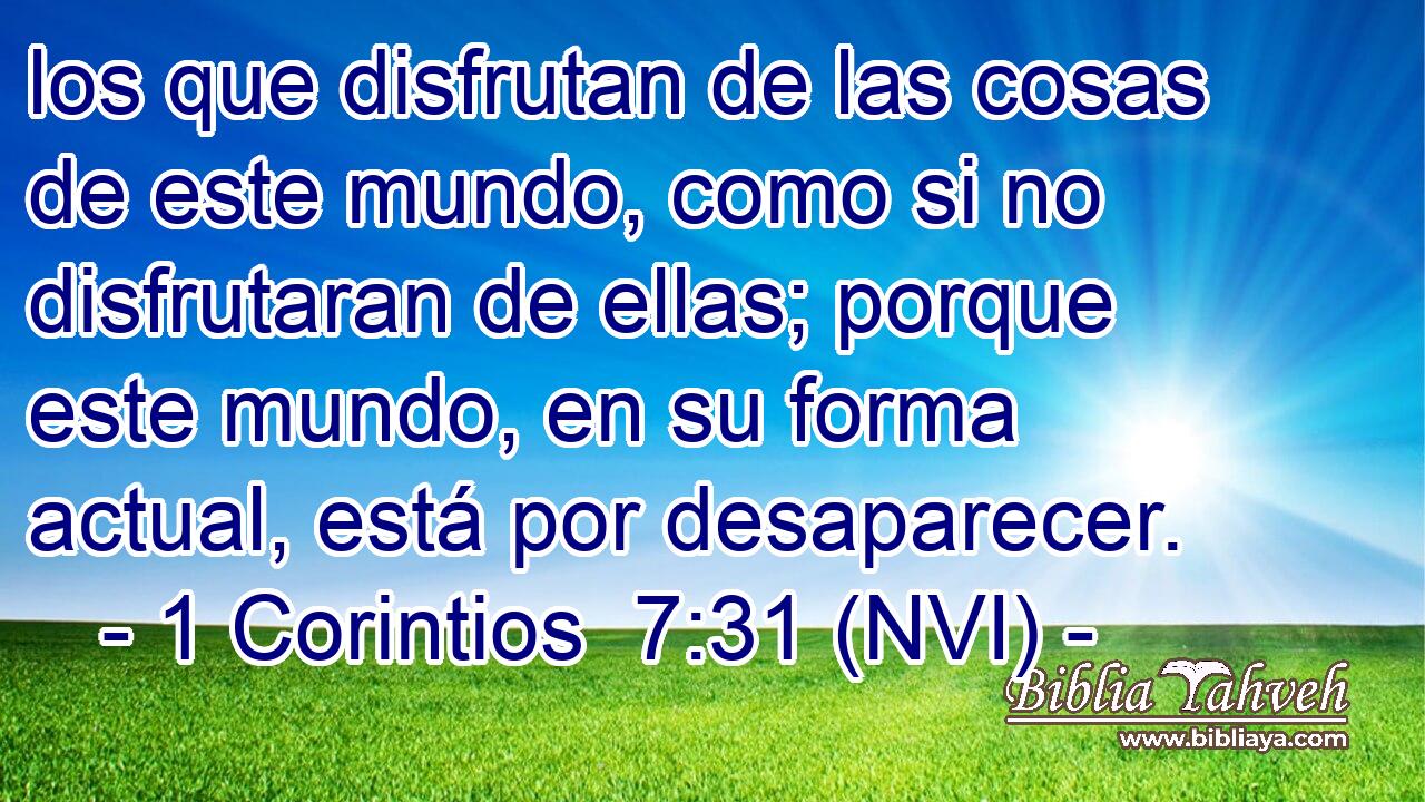  los que disfrutan de las cosas de este mundo, como si no disfrutaran de ellas; porque este mundo, en su forma actual, está por desaparecer. 